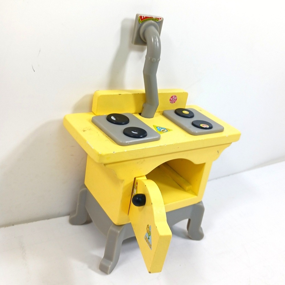 Vintage Style Yellow Wooden Toy Kitchen Stove Miniature Play Oven with Stickers